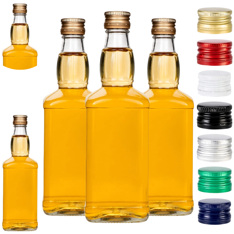 Rząd butelek szklanych Jack 500 ml z nalewkami i zakrętkami 28/18 w różnych kolorach do oznaczania roczników