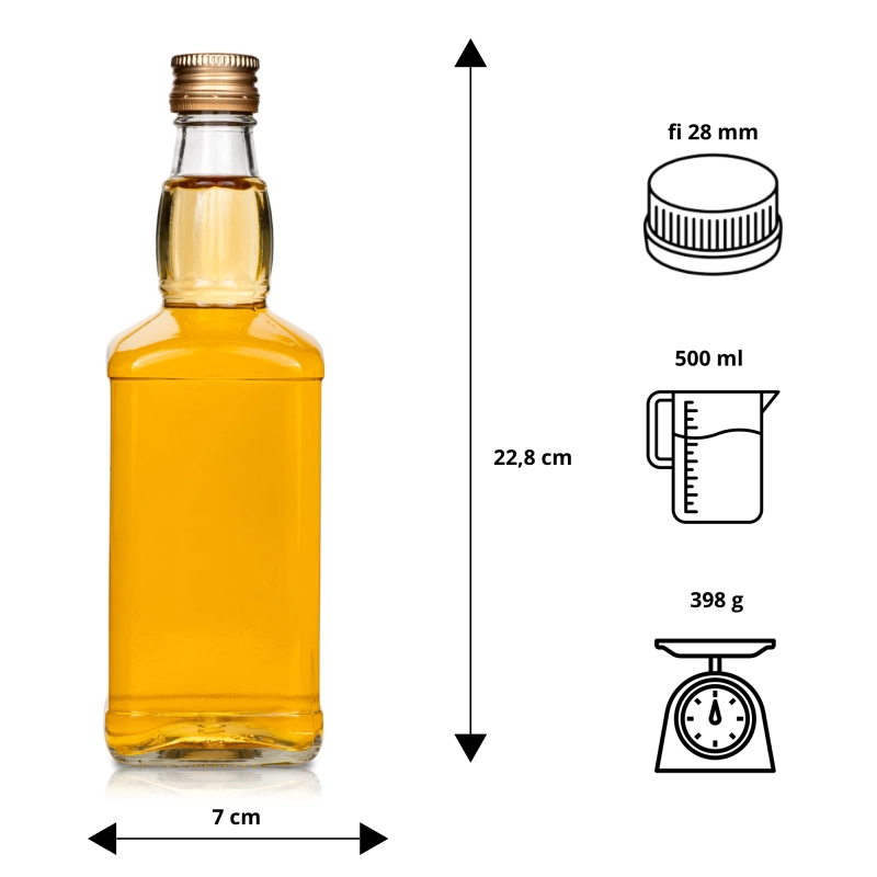 Karta wymiarów butelki szklanej Jack 500 ml: wysokość 22,8 cm, gwint fi 28 mm, waga 398 g, dane techniczne