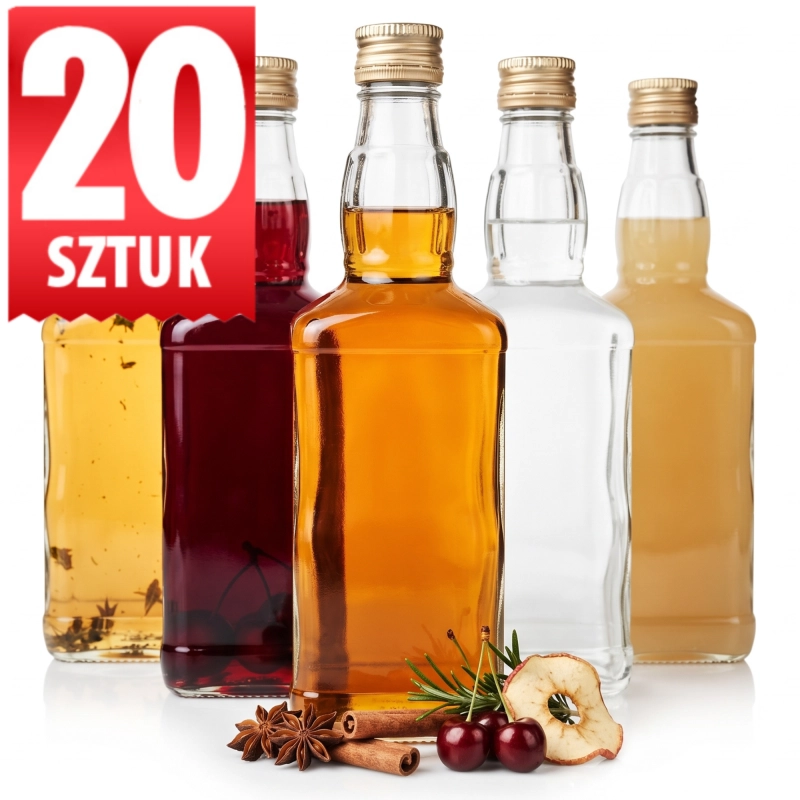 Opakowanie zbiorcze 20 butelek szklanych Jack 500 ml, grafika wariantu 20 sztuk z trzema flaszkami z nalewkami