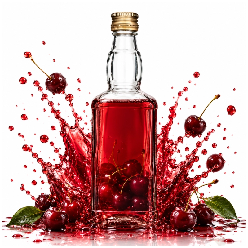 Szklana butelka Jack 500 ml z czerwoną nalewką malinową i rozbryzgiem malin, mocny kolorowy akcent