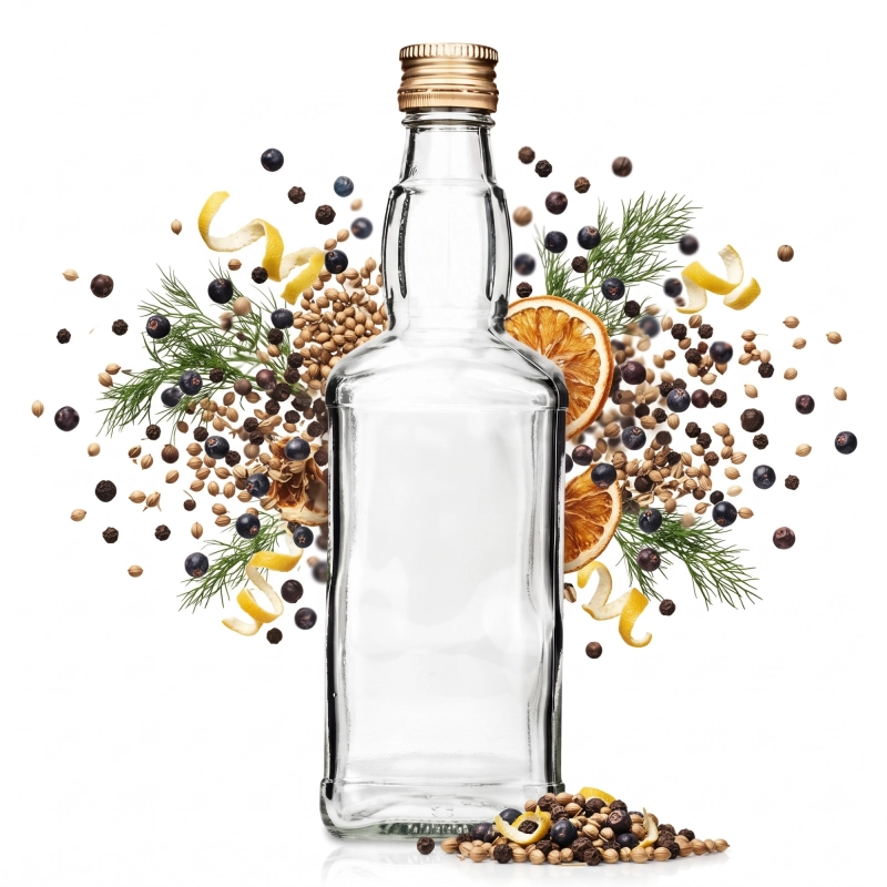 Flaszka szklana Jack 500 ml z ziołowym trunkiem w otoczeniu suszonych kwiatów i gałązek, na upominek
