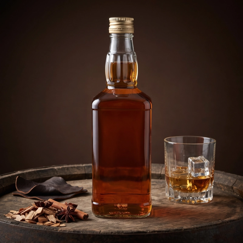 Butelka Jack 500 ml ze szkła z ciemnym trunkiem typu koniak i szklanką na czarnym tle, prezentowy charakter