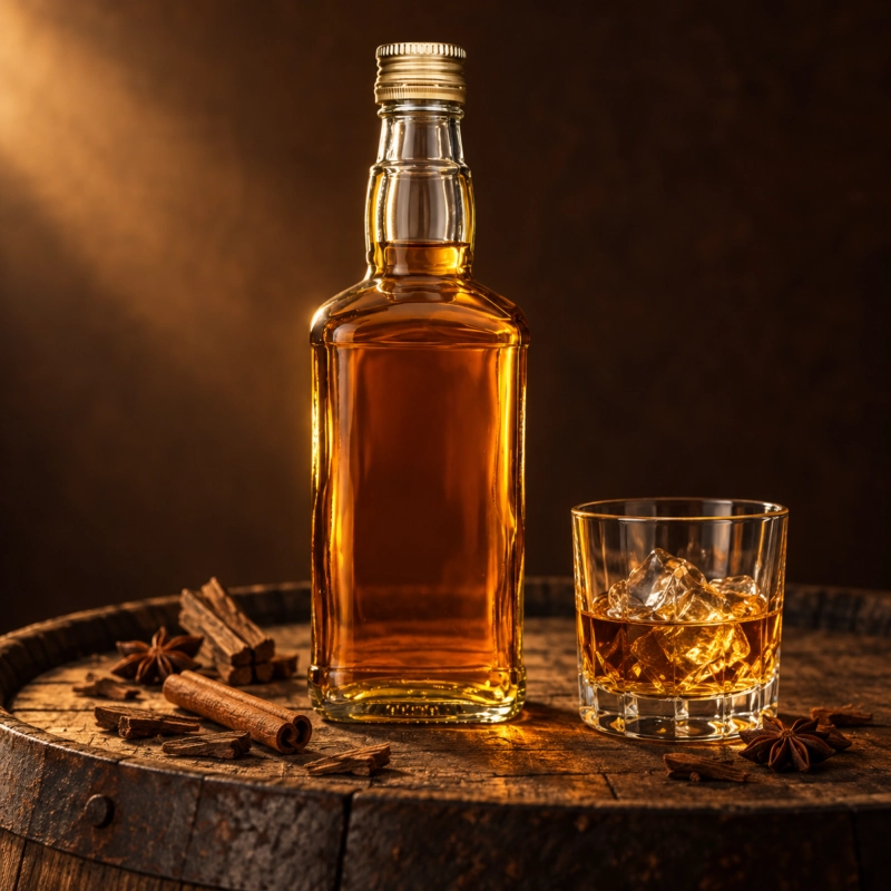 Szklana butelka Jack 500 ml z whisky na drewnianym stole obok szklanki, ciepłe światło i ciemne tło