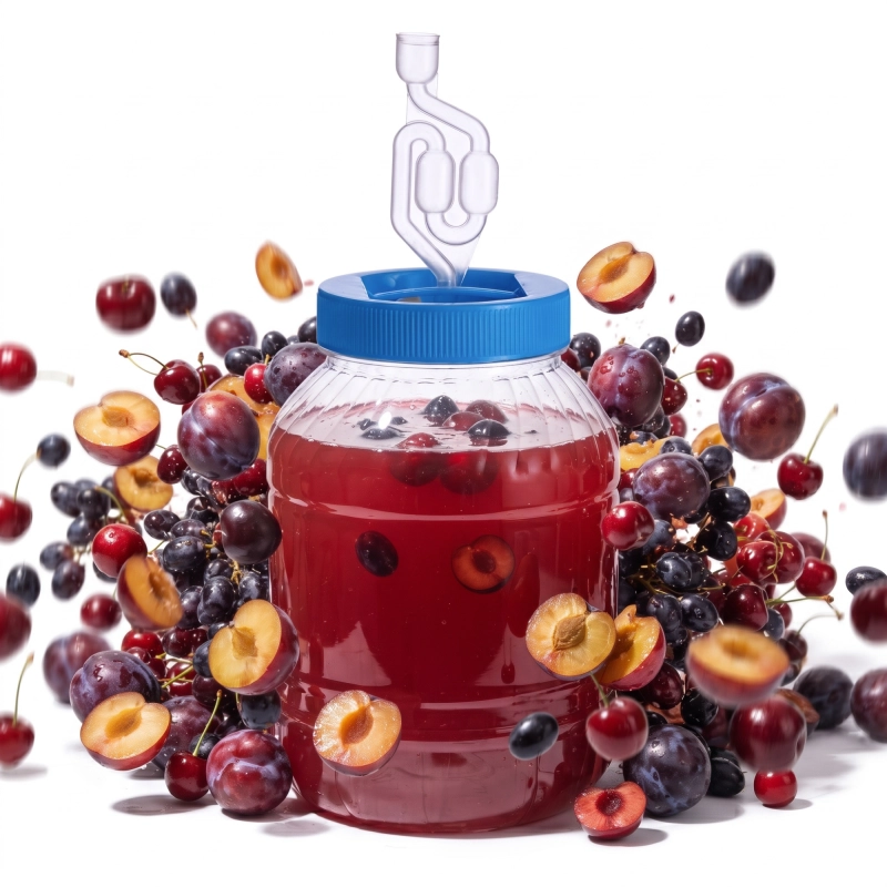 Pojemnik fermentacyjny PET 5 litrów z ciemnym winem z owoców leśnych, wokół rozsypane żurawina i jagody