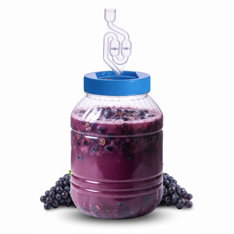 Mały fermentor PET 5 l z ciemnoczerwonym nastawem na wino i pracującą rurką, pokrywa niebieska z korkiem