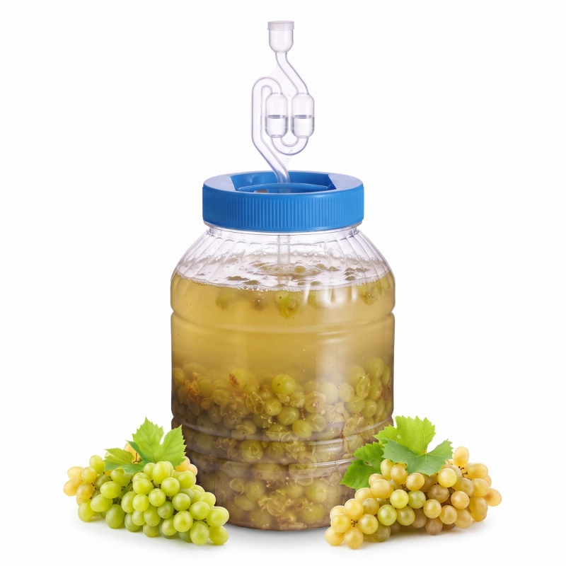 Plastikowy słój PET 5 litrów z żółtym miodem pitnym i rurką fermentacyjną, otwór 11 cm ułatwia wrzucanie owoców