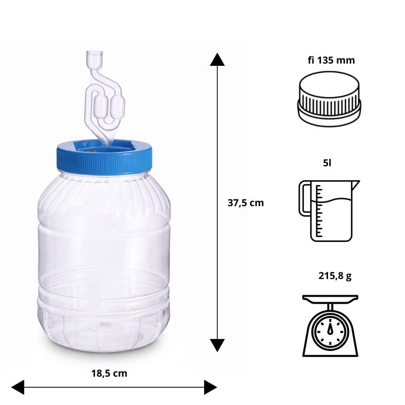 Tablica wymiarów słoja PET 5 l do fermentacji: wysokość 37,5 cm, średnica 18,5 cm, otwór 11 cm, rurka w komplecie