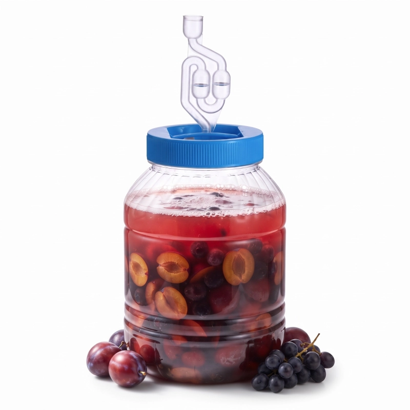 Przezroczysty fermentor PET 5 l z ciemnoczerwonym winem domowym, widoczna piana i klarowanie bez odkręcania