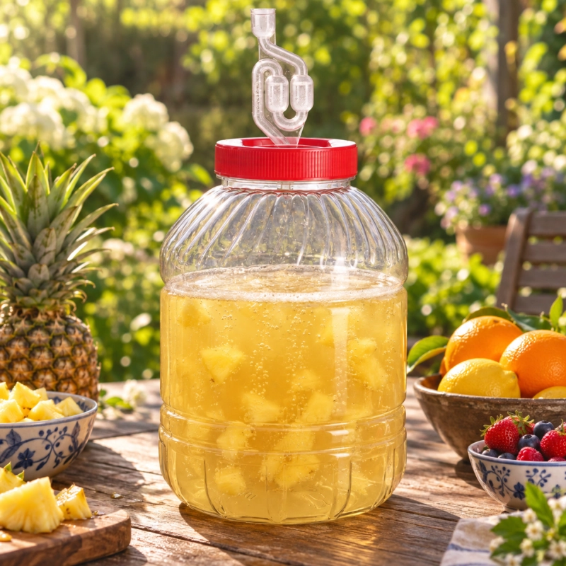 Plastikowy słój PET 10 litrów z jasnym winem owocowym wśród jesiennych owoców, pokrywa kolorowa z rurką