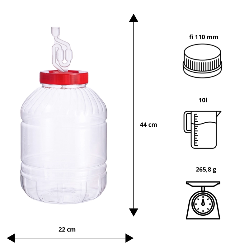 ablica wymiarów słoja PET 10 l do fermentacji: wysokość 44 cm, średnica 22 cm, otwór 11 cm, rurka w komplecie