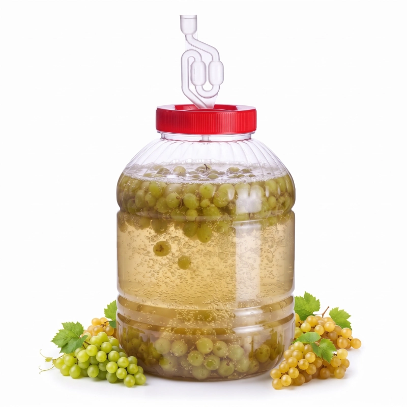 Pojemnik fermentacyjny PET 10 litrów z miodem pitnym i czerwoną pokrywą, otwór 11 cm ułatwia wrzucanie owoców