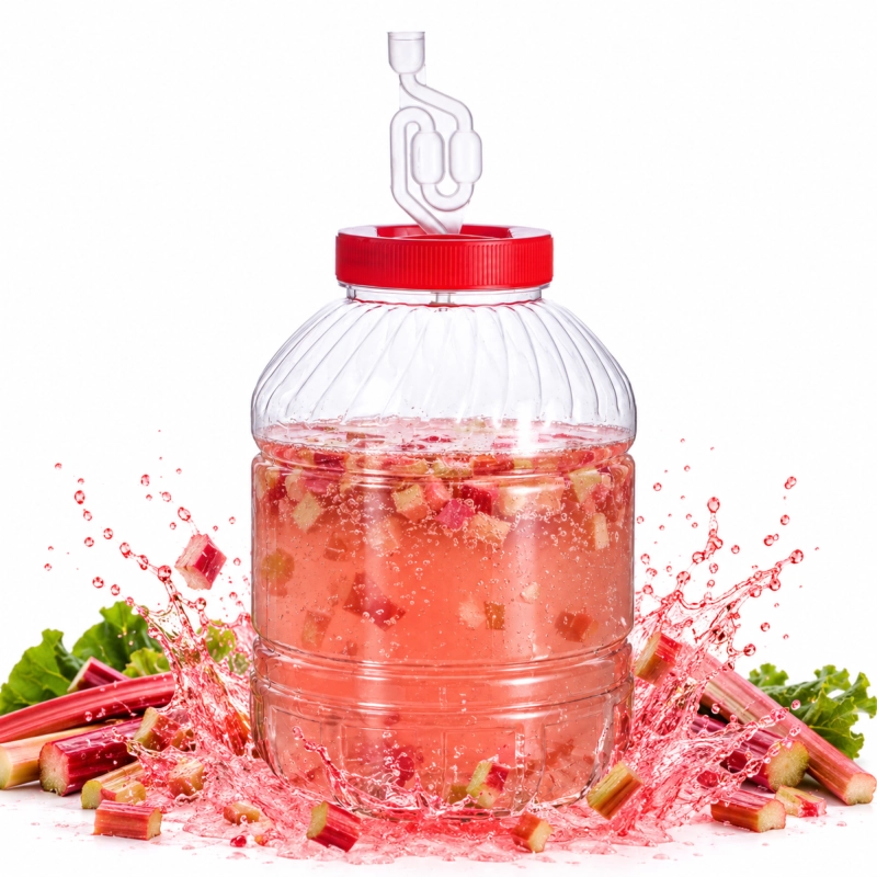 Fermentor PET 10 litrów z różowym nastawem na wino z malin, czerwona pokrywa i rurka fermentacyjna