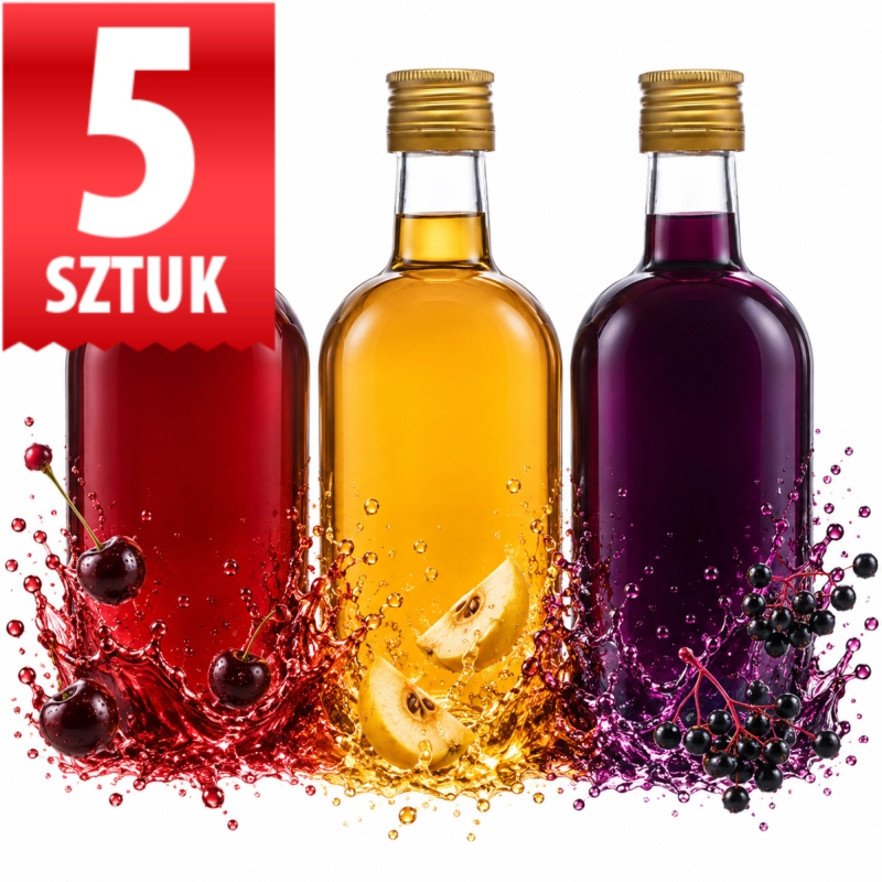 Zestaw 5 szklanych butelek Bruno 500 ml z grubego szkła, na zdjęciu trzy z nalewkami owocowymi i złotymi zakrętkami