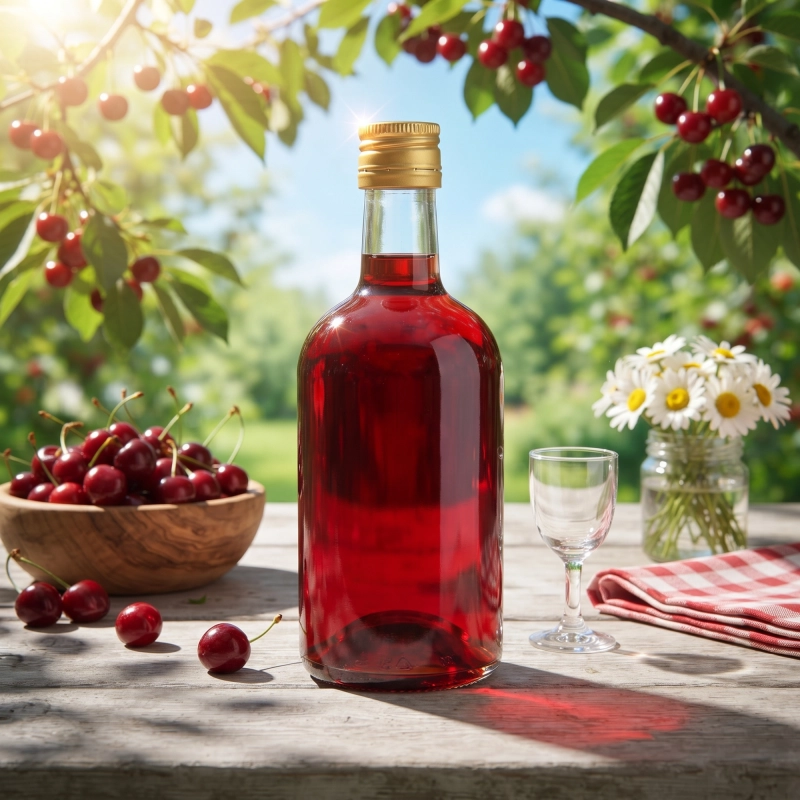 Szklana butelka Bruno 500 ml z rubinową nalewką na drewnianym stole w sadzie, na tle drzew owocowych