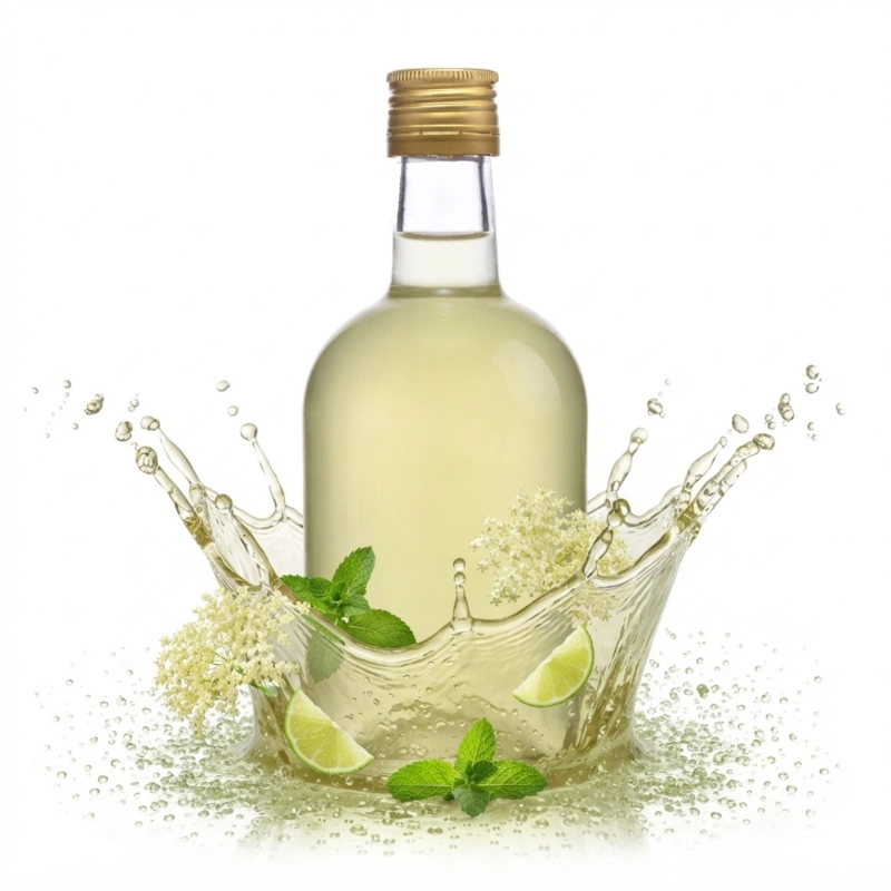 Butelka Bruno 500 ml z grubego szkła z zielonkawą nalewką ziołową wśród świeżych ziół, na nalewki i prezenty