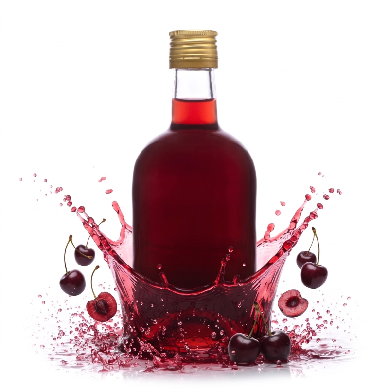 Butelka szklana Bruno 500 ml z ciemnoczerwoną nalewką wiśniową, obok świeże wiśnie i owoce na białym tle