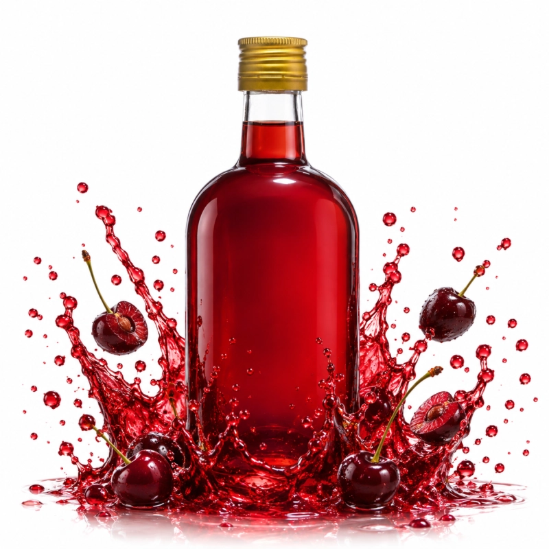 Szklana butelka Bruno 500 ml z malinową nalewką i czerwonym rozbryzgiem owoców, zakrętka metalowa 31,5 mm