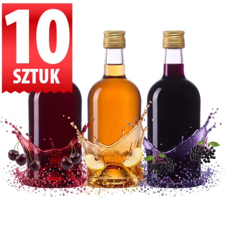 Komplet 10 butelek szklanych Bruno 500 ml na cały sezon nalewkowy, na zdjęciu trzy z owocowymi trunkami i zakrętkami