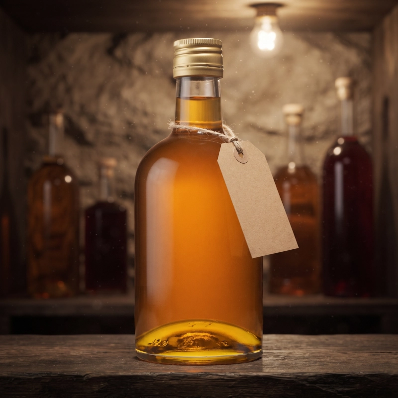 Szklana butelka Bruno 500 ml z whisky w przytulnym, ciemnym wnętrzu domowego baru przy ciepłym świetle