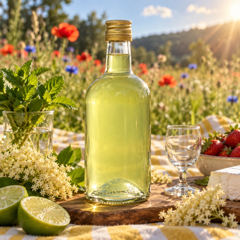 Szklana butelka Bruno 500 ml z jasną nalewką w plenerze na tle wiejskiego krajobrazu, grube szkło i złota zakrętka