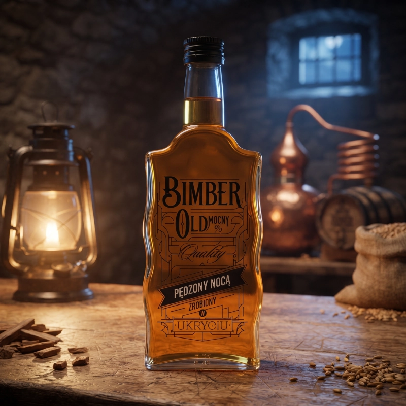 Szklana butelka Bimber Old 500 ml w nastrojowym wnętrzu dawnej destylarni, zestaw na whisky i wódkę domową