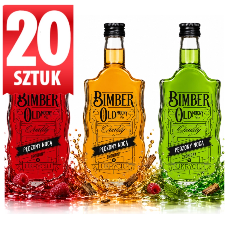 Opakowanie zbiorcze 20 szklanych butelek Warta Fala 500 ml z nadrukiem Bimber Old, 10 litrów szkła na wesele