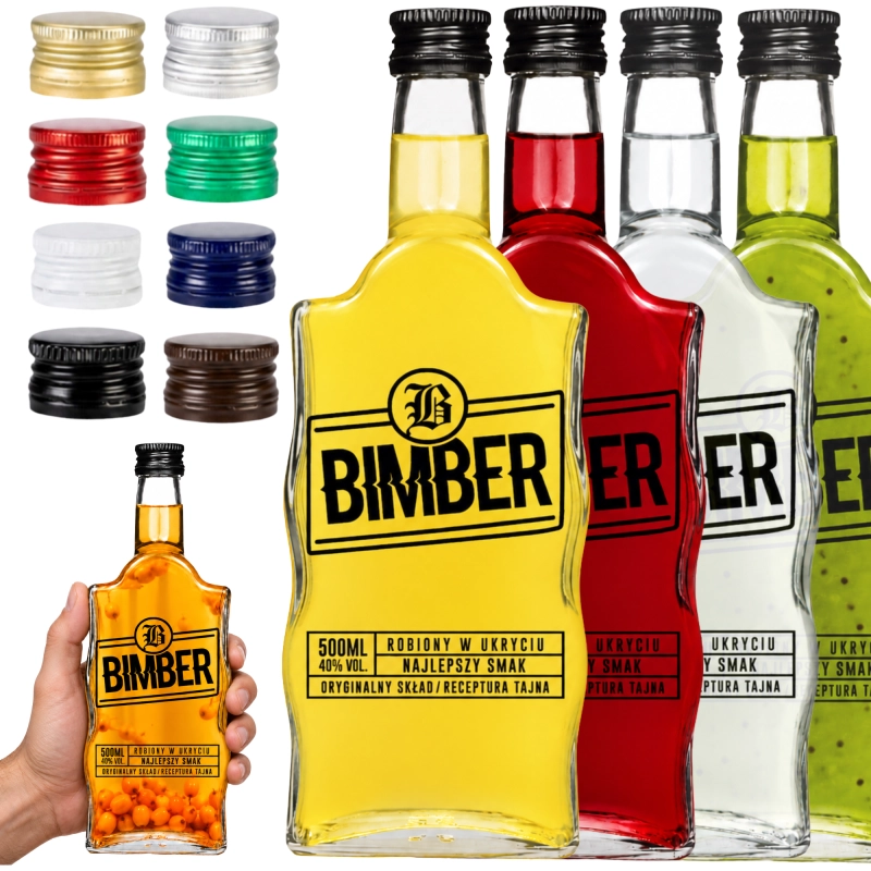 Butelki Warta Fala 500 ml Bimber z kolorowymi zakrętkami 28/18, do zestawu 10 sztuk wybierz jeden kolor albo mix