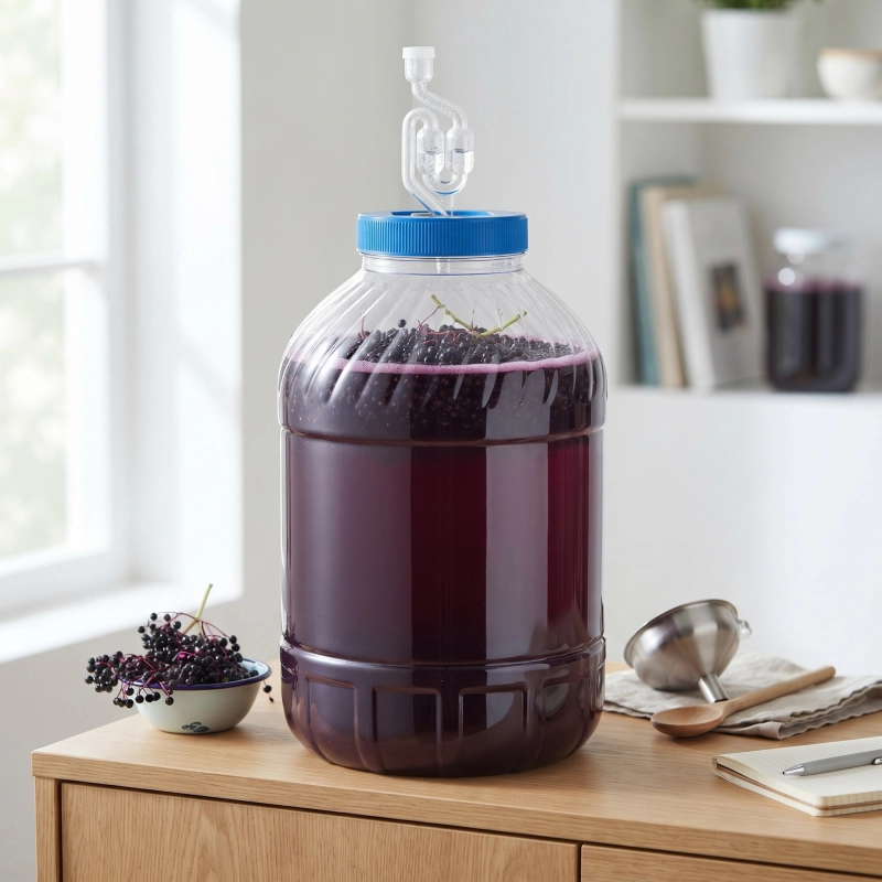 Plastikowy słój PET 15 litrów z ciemnym winem z winogron na blacie w nowoczesnej kuchni, rurka w pokrywie
