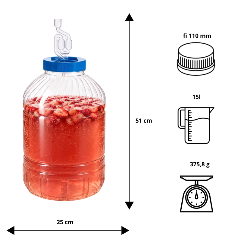 Tablica wymiarów słoja PET 15 l do fermentacji: wysokość 51 cm, średnica 25 cm, otwór 11 cm, rurka w komplecie