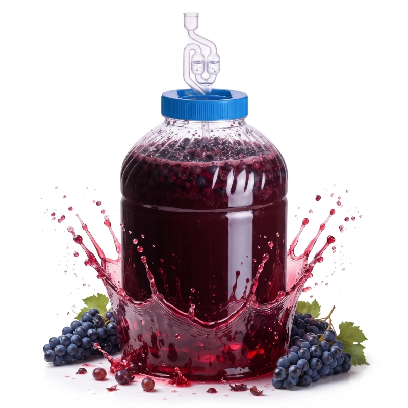 Pojemnik fermentacyjny PET 15 l z ciemnofioletowym winem z aronii lub czarnego bzu, rozbryzg soku wokół