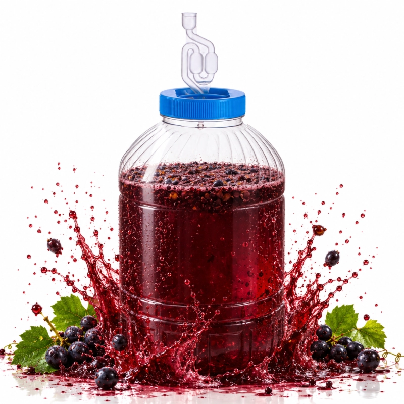 Fermentor PET 15 litrów z czerwonym winem domowym wśród owoców i liści, widać klarowanie przez ściankę