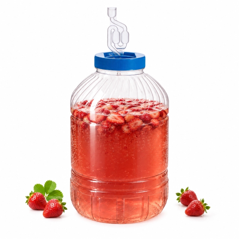 Fermentor PET 15 l z jasnoczerwonym nastawem z truskawek, niebieska pokrywa i rurka pracująca bez odkręcania