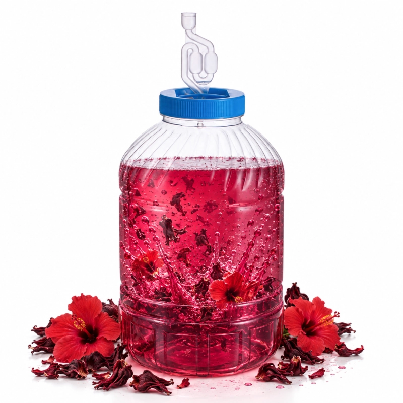 Przezroczysty fermentor PET 15 l z malinowym nastawem na nalewkę, otwór 11 cm ułatwia wsypywanie owoców