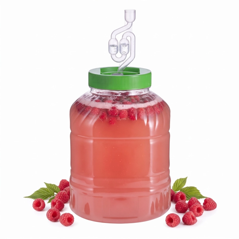 Kwadratowy fermentor PET 8 l z różowym nastawem na nalewkę, zielona pokrywa i rurka pracująca bez odkręcania