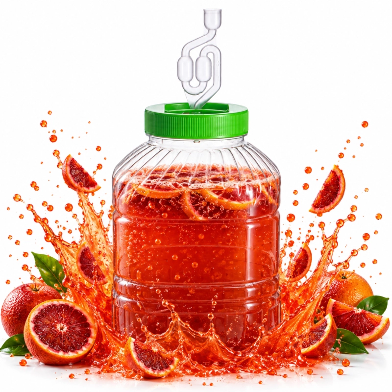 Plastikowy kwadratowy fermentor PET 8 l z pomarańczowym nastawem z rokitnika lub dzikiej róży, rozbryzg soku