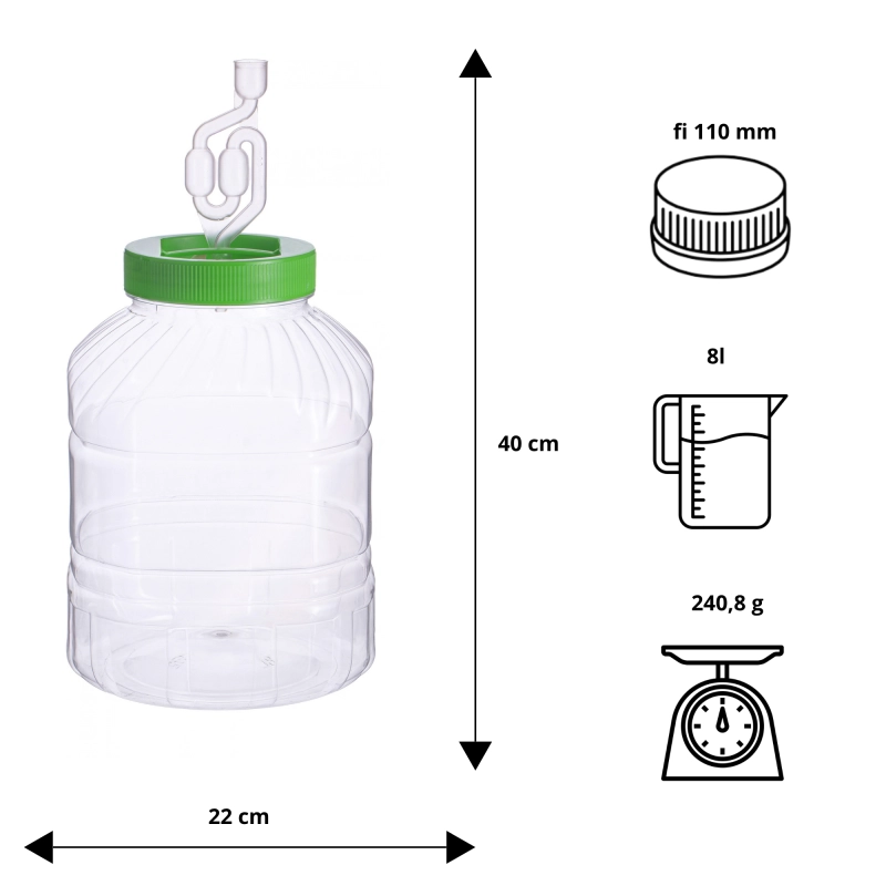 Tablica wymiarów kwadratowego słoja PET 8 l: wysokość 40 cm, szerokość 22 cm, otwór 11 cm, rurka w komplecie