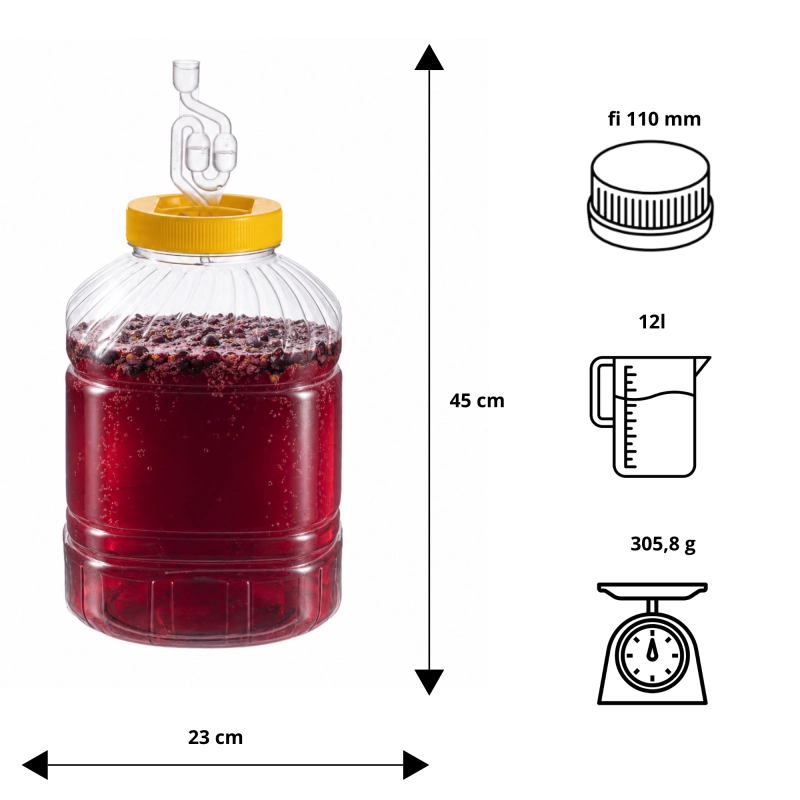 Wymiary słoja PET 12 l do fermentacji: wysokość z rurką 45 cm, szerokość 23 cm, otwór 11 cm, waga 310 g