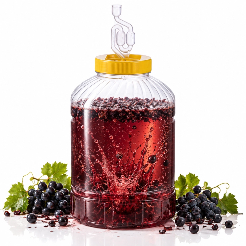 Wino z ciemnych owoców fermentujące w kwadratowym słoju PET 12 l, w tle ciemne owoce i rurka fermentacyjna