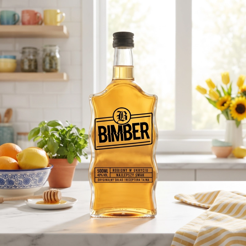 Szklana butelka Warta Fala 500 ml Bimber ze złotą nalewką w aranżacji na stole, domowa spiżarnia