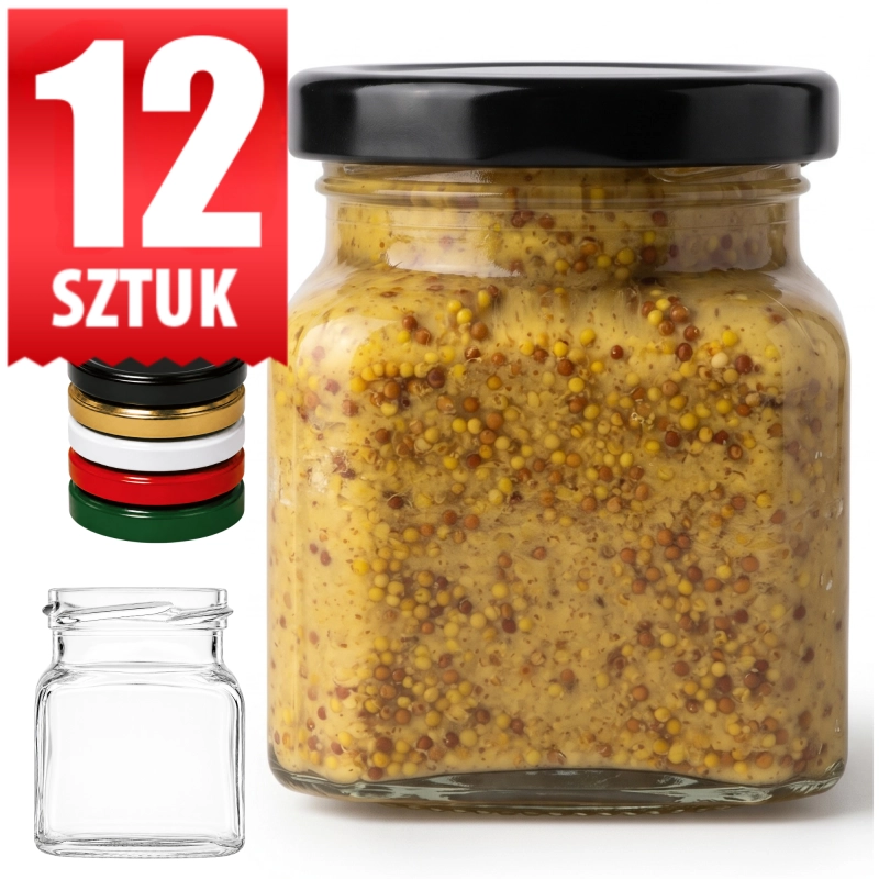 Zestaw 12 szklanych słoiczków Zeus 120 ml z wieczkiem twist off fi 53, słoik wypełniony gorczycą, na przyprawy