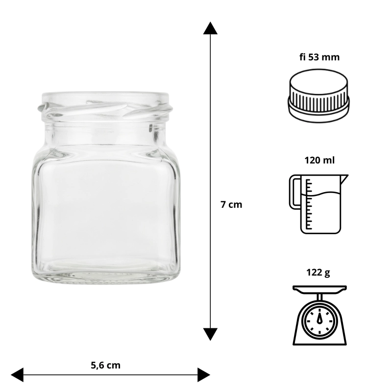 Tabela oznaczeń słoika szklanego Zeus 120 ml, wymiary i gwint twist off fi 53, pakiet hurtowy 24 sztuki