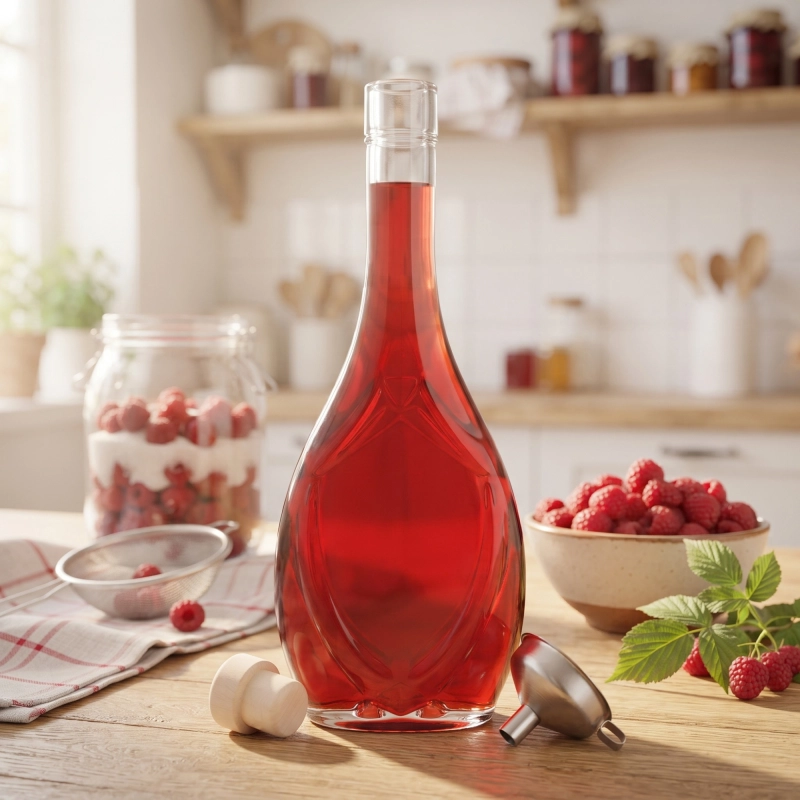 Butelka szklana Icona 0,5 l z czerwoną nalewką z malin i owocami na kuchennym blacie, korek grzybek fi 19