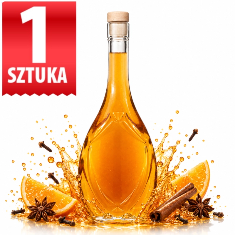 Szklana butelka Icona 500 ml wypełniona złocistą nalewką, z owocami w tle, sztuka pojedyncza, korek fi 19 lub fi 21