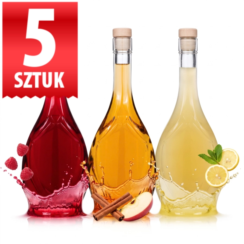 Komplet 5 szklanych butelek Icona 500 ml, dwie flaszki z czerwoną i żółtą nalewką, plakietka zestawu, korki fi 19 lub fi 21