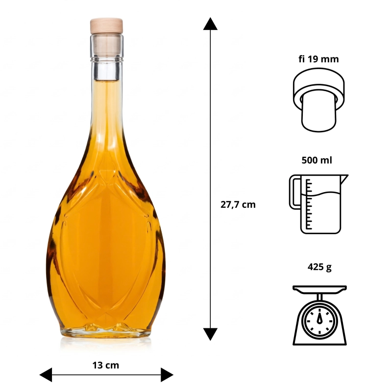 Rysunek techniczny z wymiarami butelki Icona 500 ml obok szklanej butelki z nalewką, 26,8 cm wysokości, szyjka fi 19 i fi 21