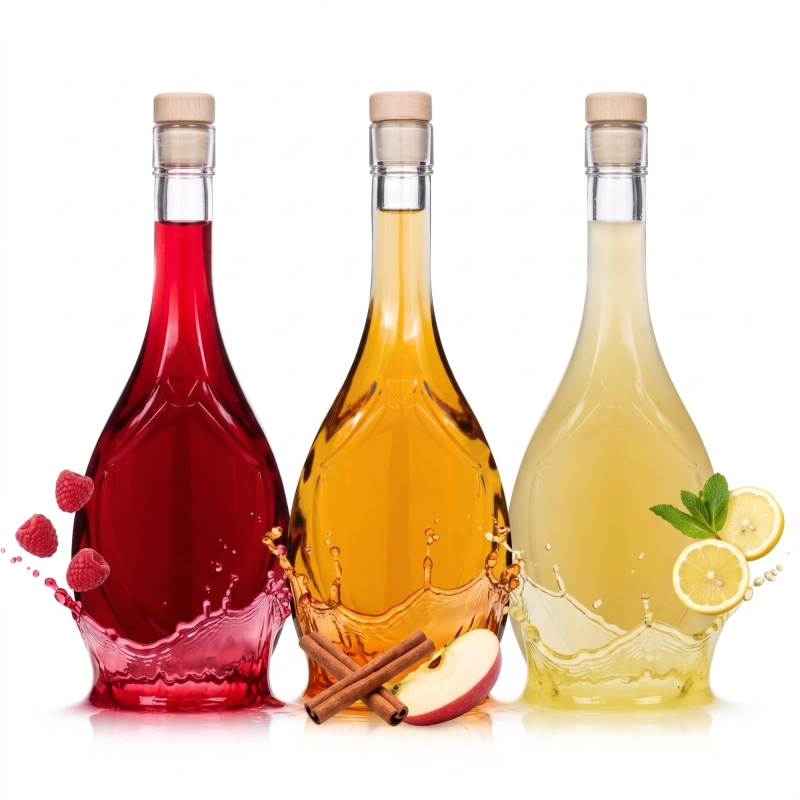 Zestaw 5 sztuk butelek Icona 0,5 l ze szkła, trzy z nalewkami w kolorze czerwonym, bursztynowym i cytrynowym