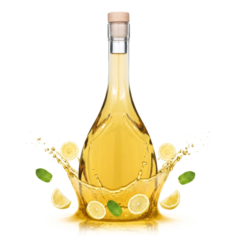 Butelka szklana Icona 500 ml z żółtym syropem cytrynowym i rozpryskiem cytryn, smukły kształt do likierów i oliwy