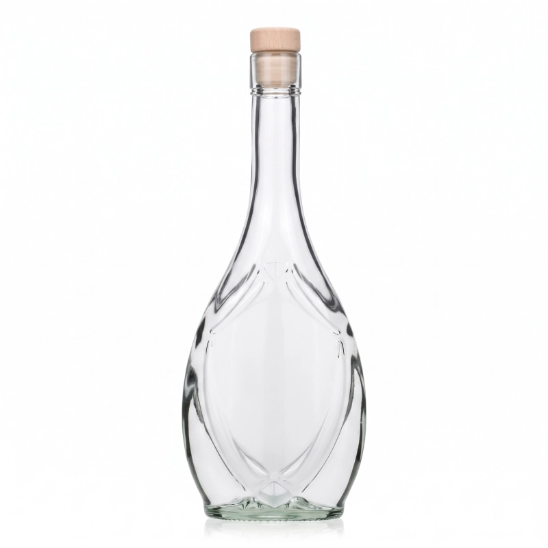 Przezroczysta szklana butelka Icona 500 ml bez korka, smukła, spłaszczona, wytłaczane zdobienia, sztuka z pakietu 5 sztuk