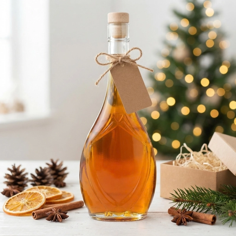 Butelka szklana Icona 500 ml z nalewką wśród świątecznych prezentów i ozdób choinkowych, elegancki kształt z wytłoczeniami