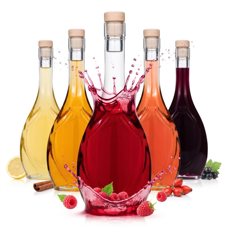Zestaw 10 sztuk butelek Icona 0,5 l ze szkła, trzy flaszki wypełnione syropem, winem domowym i bursztynowym likierem